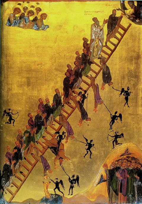 The Ladder of Divine Ascent — monks ascending toward Christ while passions drag others away — panel icon, Sinai, 12th century, after St. John Climacus