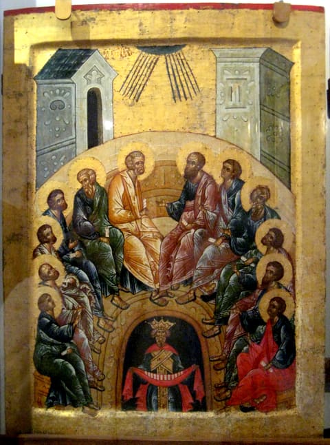 Pentecost — the Descent of the Holy Spirit upon the Apostles, panel icon, Kirillo-Belozersk Monastery, Russia, c. 1497