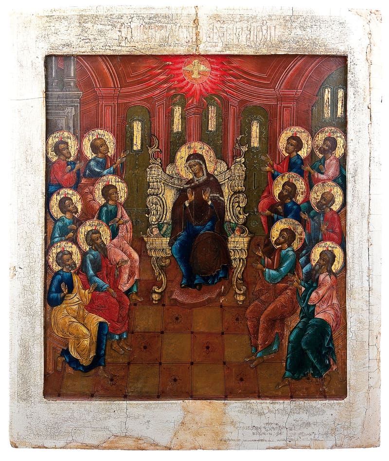 The Descent of the Holy Spirit at Pentecost — the parish's patronal feast — Russian panel icon, 18th century